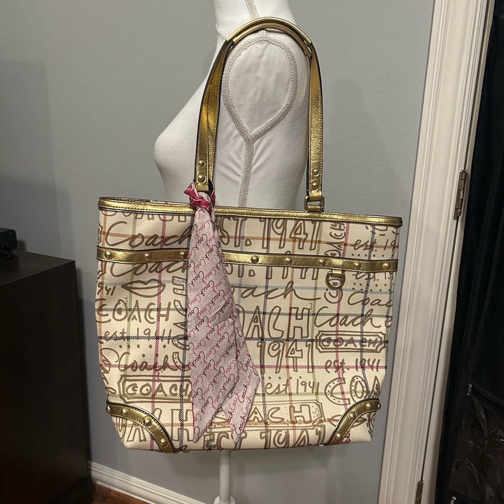 Coach Tattersall Graffiti Tote Gold/Cream Pink Lining Style F13187 Excellent - Picture 15 of 15